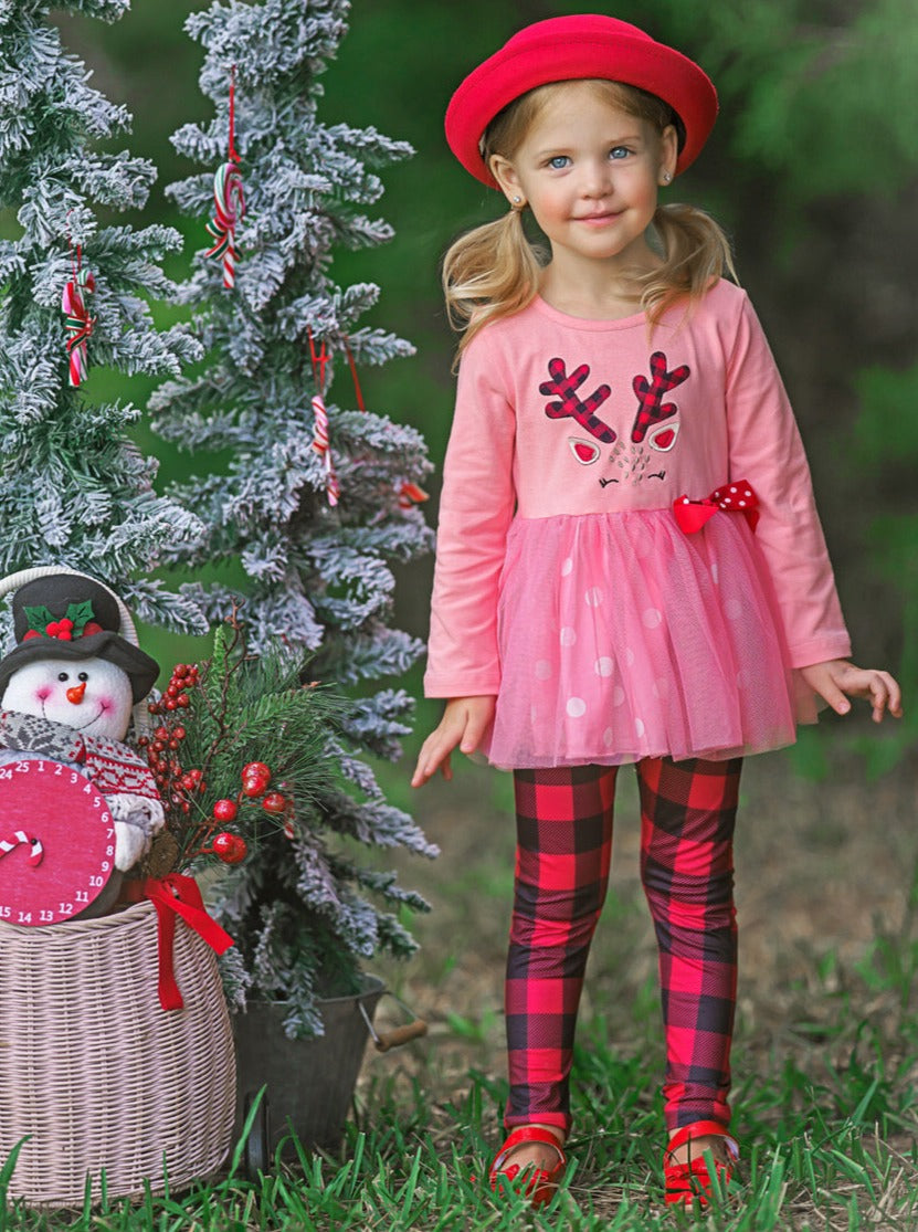 Girls Winter Casual Set | Reindeer Polka Dot Tutu Tunic & Legging Set