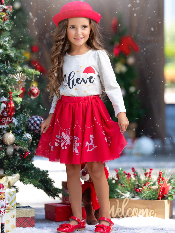 Celebrate Magic Ruffle Top and Christmas Print Skirt Set Mia Belle Girls