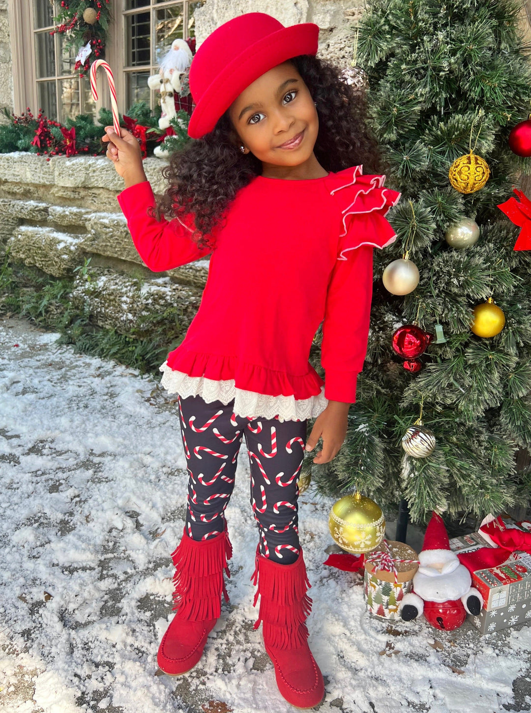 Mia Belle Girls Top & Candy Cane Legging Set | Girls Winter Outfits
