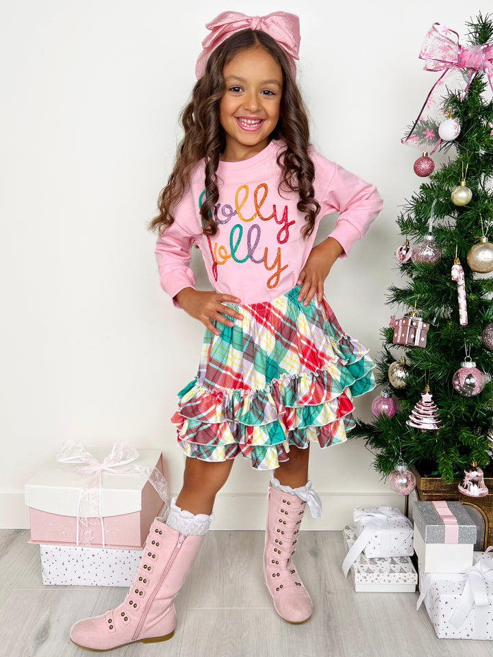 Holly Jolly Pink Top and Christmas Plaid Ruffle Skirt Set Mia Belle Girls
