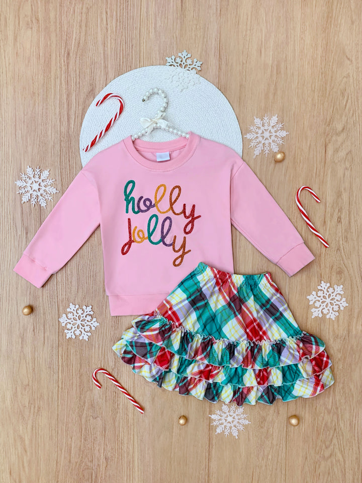 Holly Jolly Pink Top and Christmas Plaid Ruffle Skirt Set Mia Belle Girls