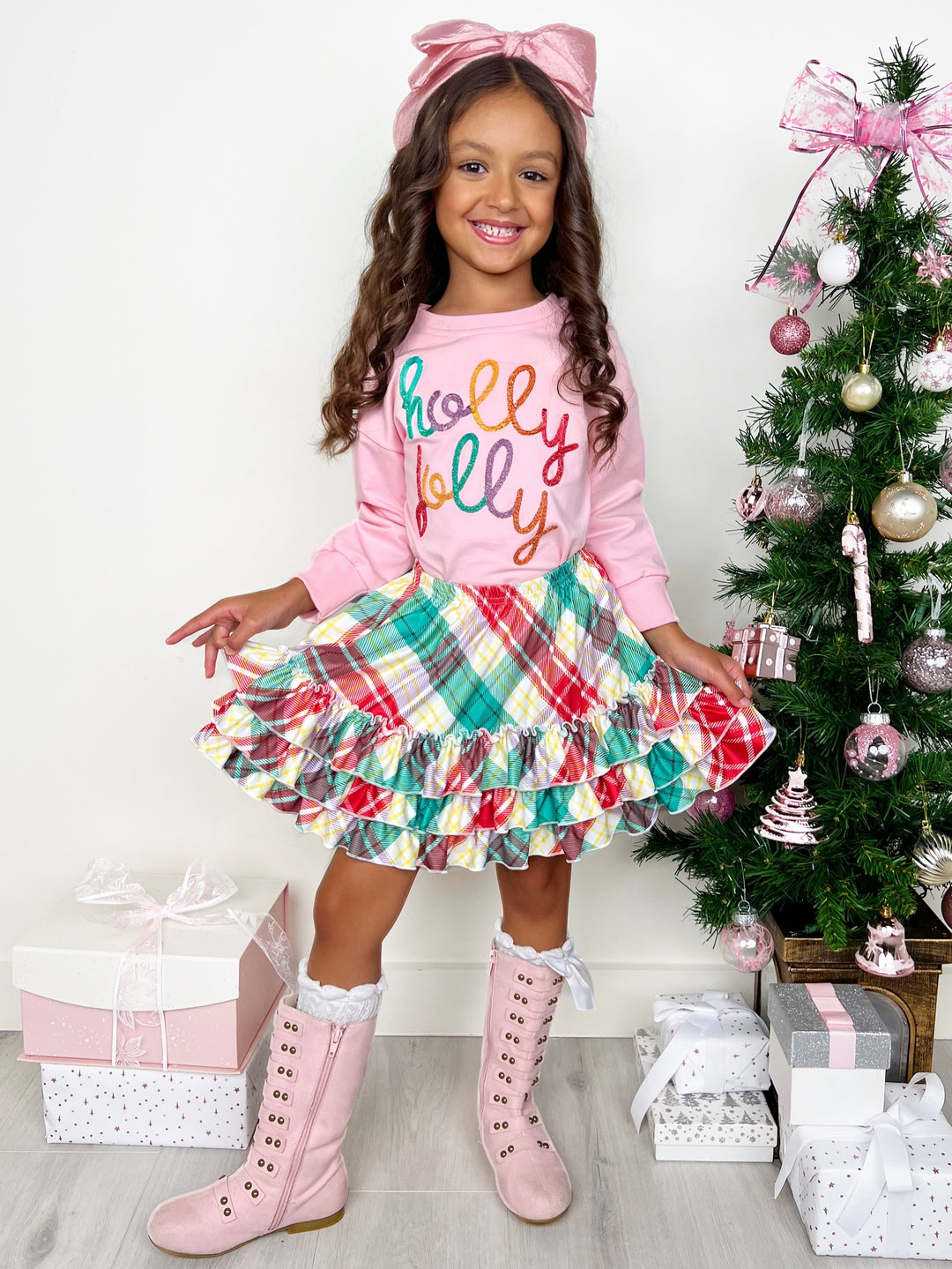 Holly Jolly Pink Top and Christmas Plaid Ruffle Skirt Set Mia Belle Girls