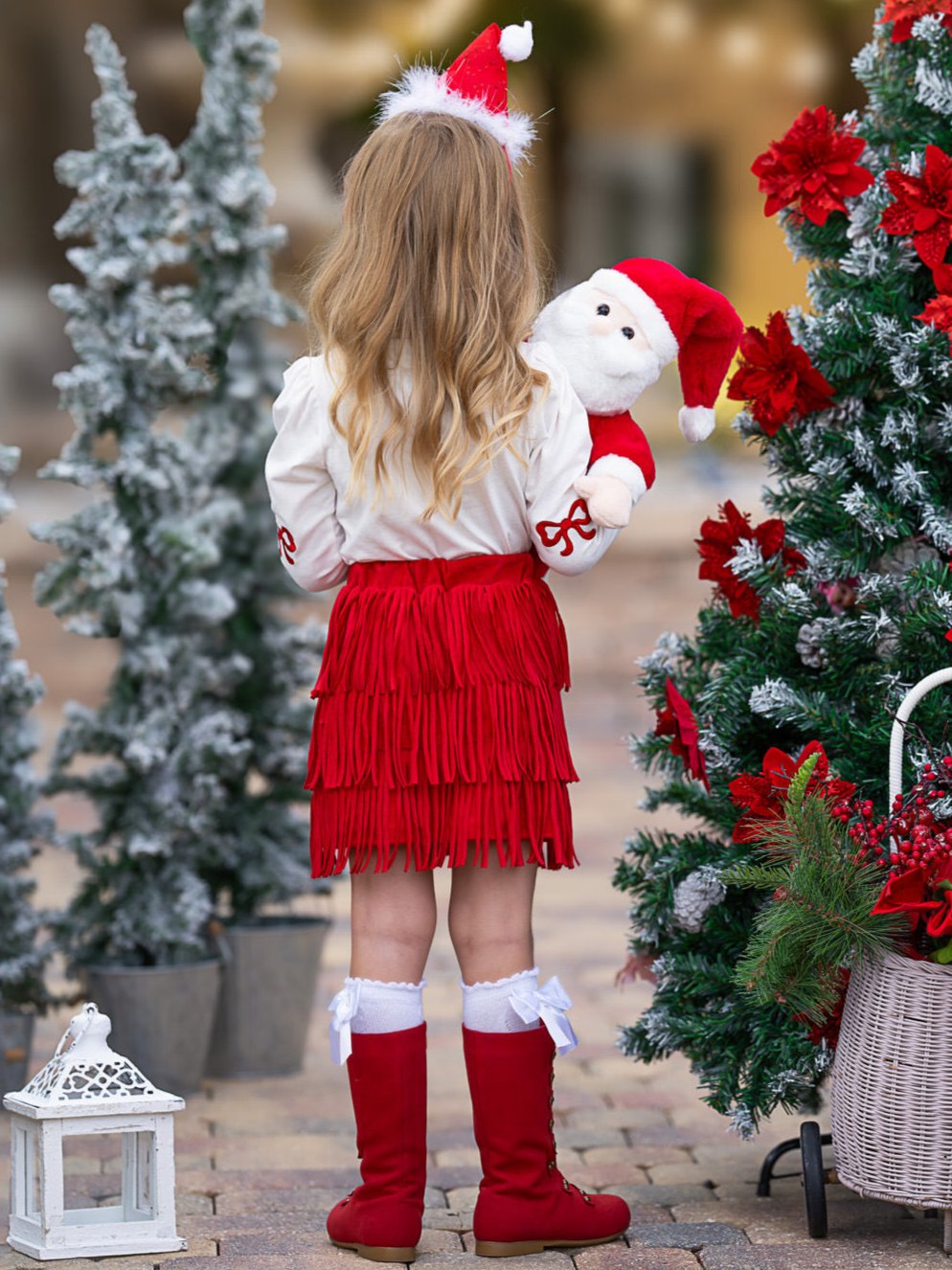 Fabulous Santa Long Sleeve Top and Red Fringe Skirt Set Mia Belle Girls