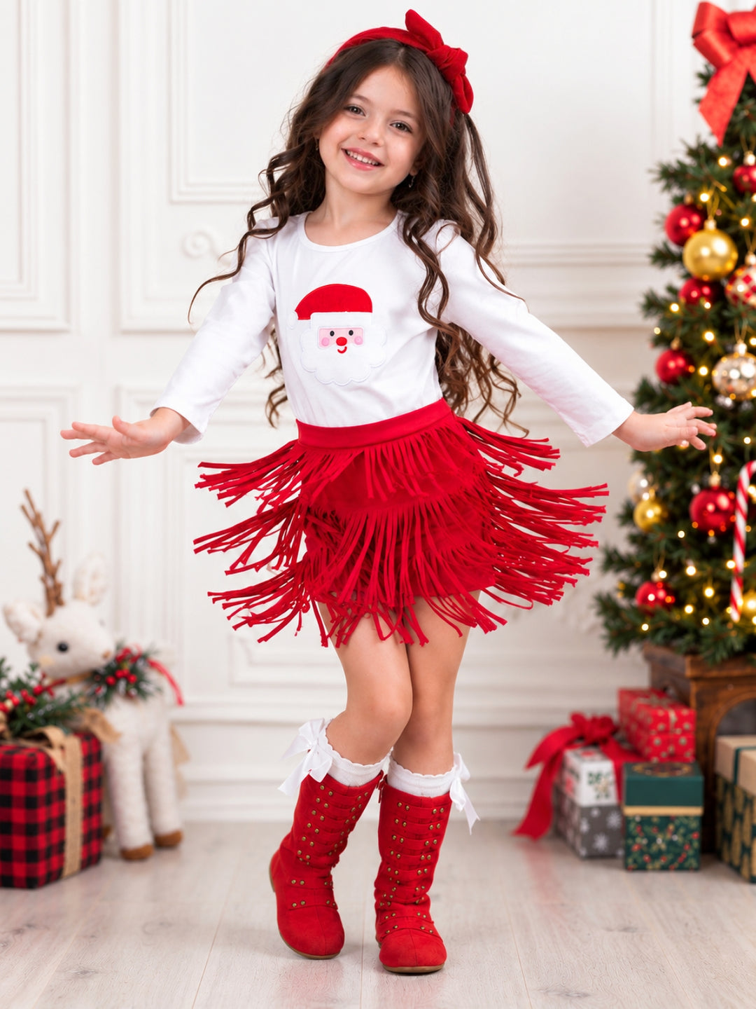Fabulous Santa Long Sleeve Top and Red Fringe Skirt Set