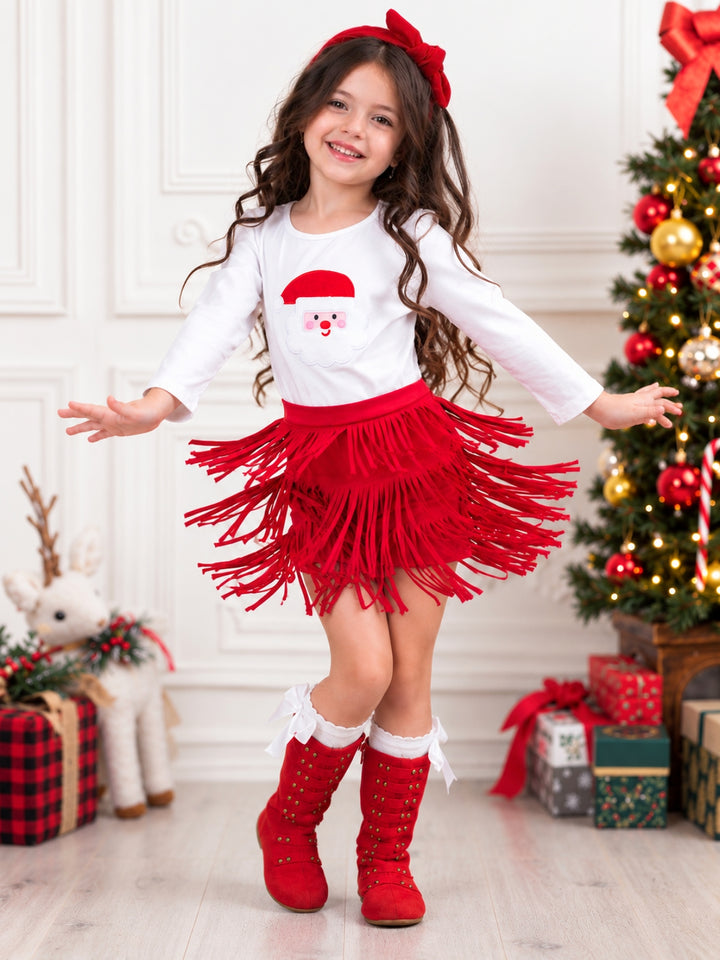 Fabulous Santa Long Sleeve Top and Red Fringe Skirt Set