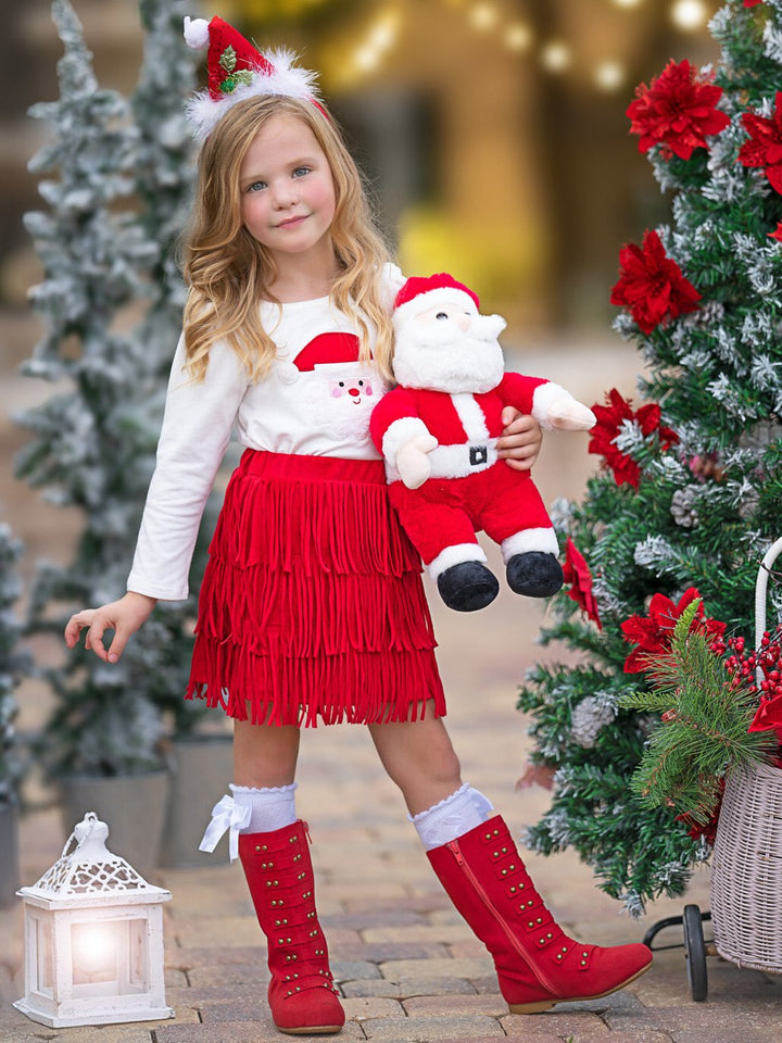 Fabulous Santa Long Sleeve Top and Red Fringe Skirt Set Mia Belle Girls