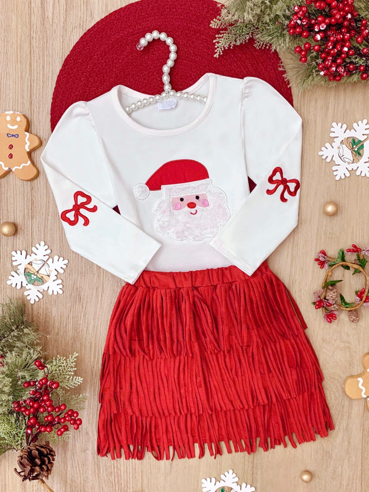 Fabulous Santa Long Sleeve Top and Red Fringe Skirt Set Mia Belle Girls