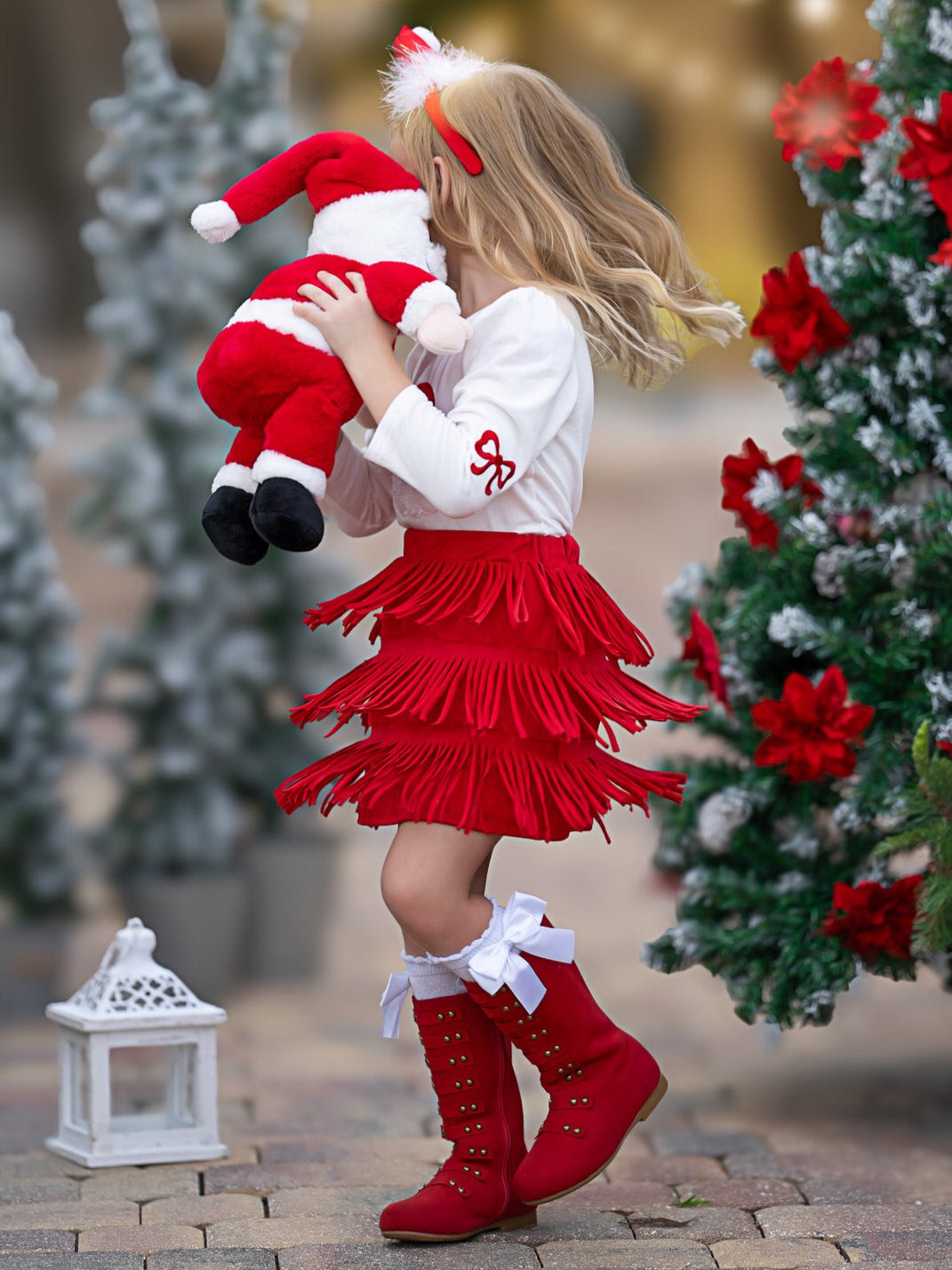 Fabulous Santa Long Sleeve Top and Red Fringe Skirt Set Mia Belle Girls