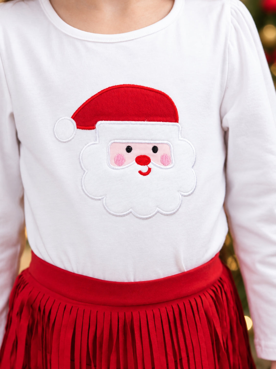 Fabulous Santa Long Sleeve Top and Red Fringe Skirt Set
