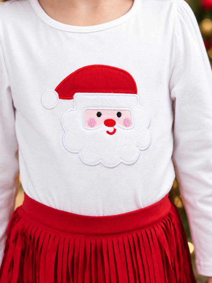 Fabulous Santa Long Sleeve Top and Red Fringe Skirt Set