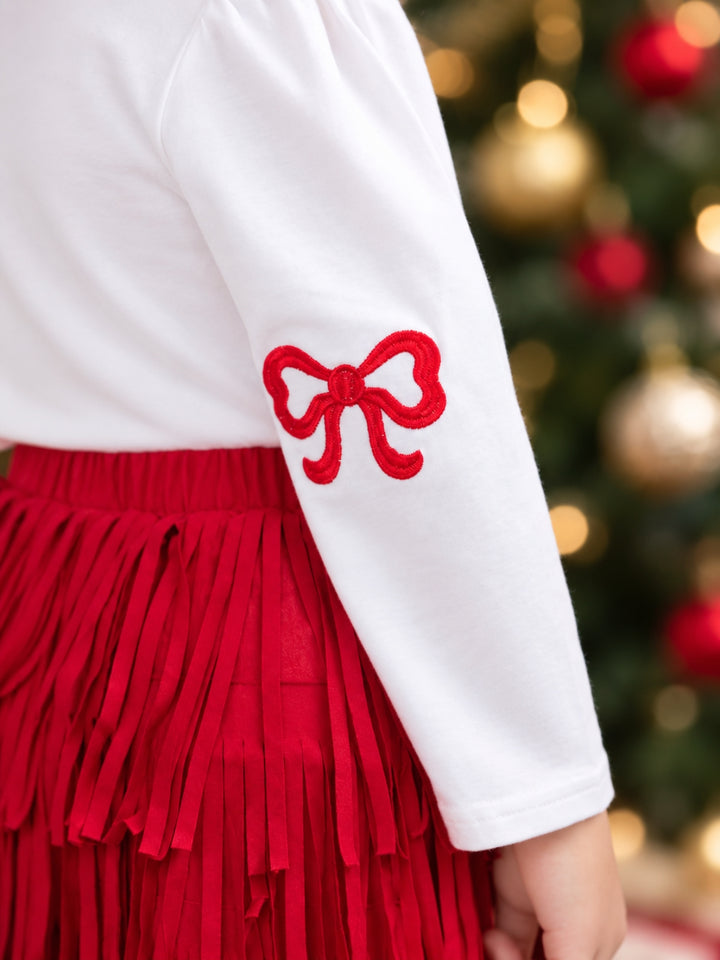 Fabulous Santa Long Sleeve Top and Red Fringe Skirt Set