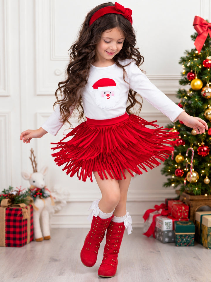 Fabulous Santa Long Sleeve Top and Red Fringe Skirt Set