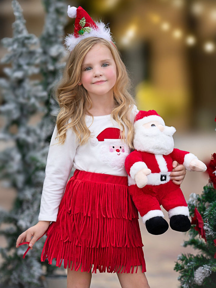 Fabulous Santa Long Sleeve Top and Red Fringe Skirt Set Mia Belle Girls