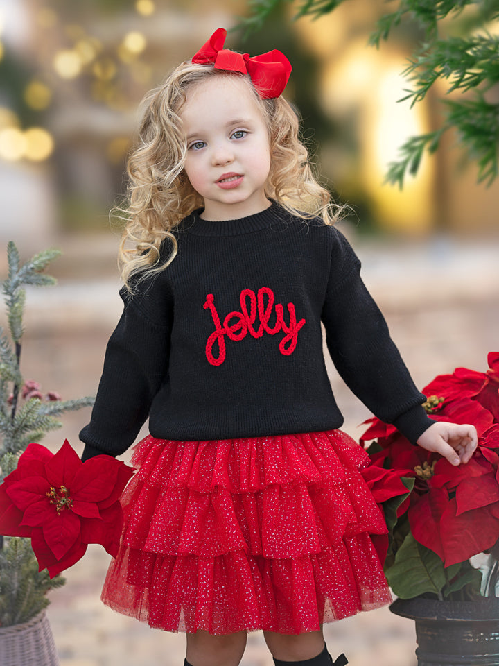 Jolly Embroidered Sweater and Glitter Tutu Skirt Set Mia Belle Girls