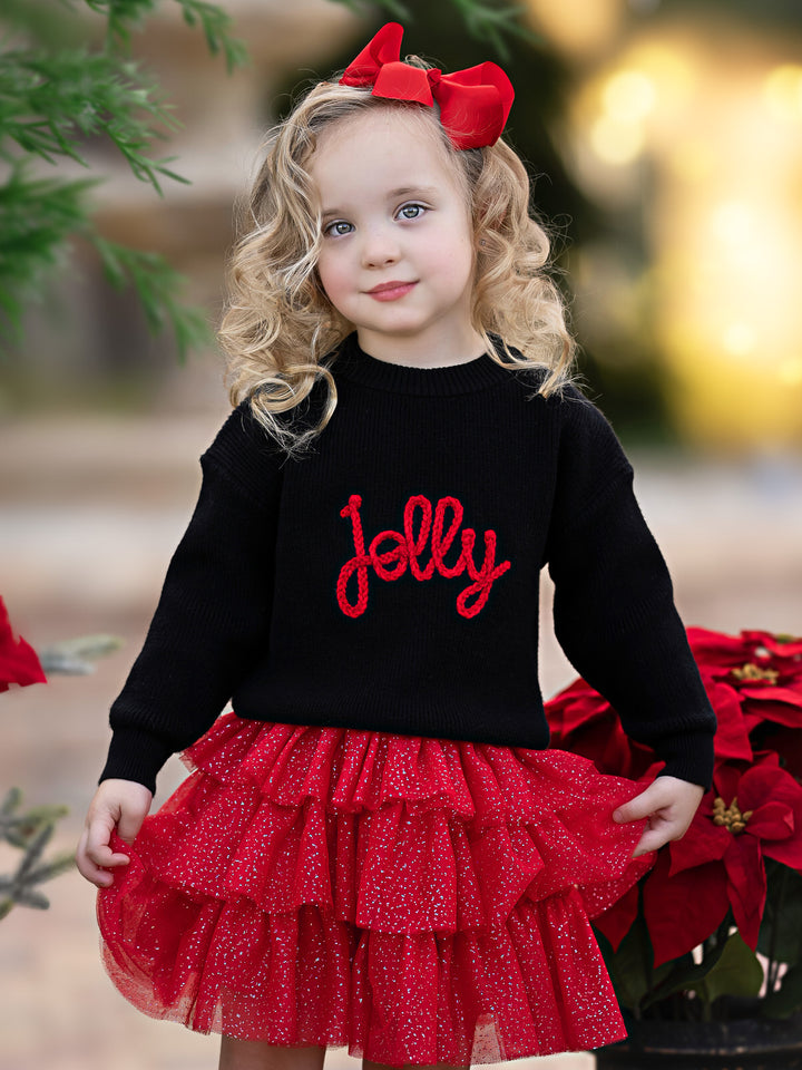 Jolly Embroidered Sweater and Glitter Tutu Skirt Set Mia Belle Girls