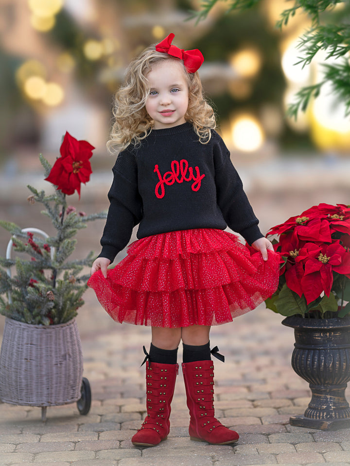 Jolly Embroidered Sweater and Glitter Tutu Skirt Set Mia Belle Girls