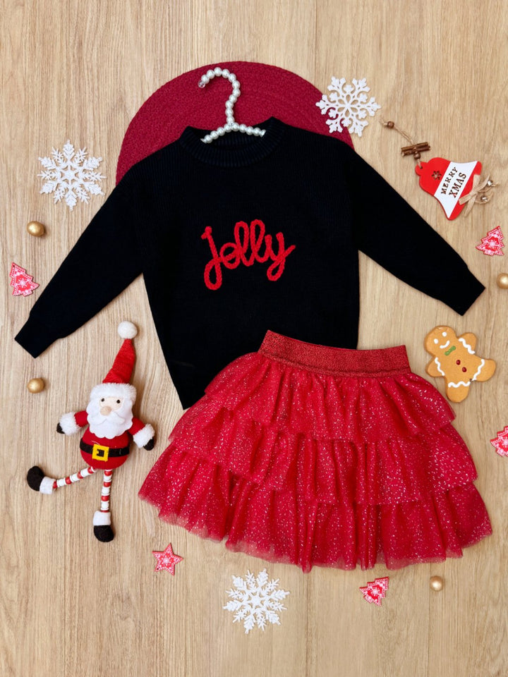 Jolly Embroidered Sweater and Glitter Tutu Skirt Set Mia Belle Girls