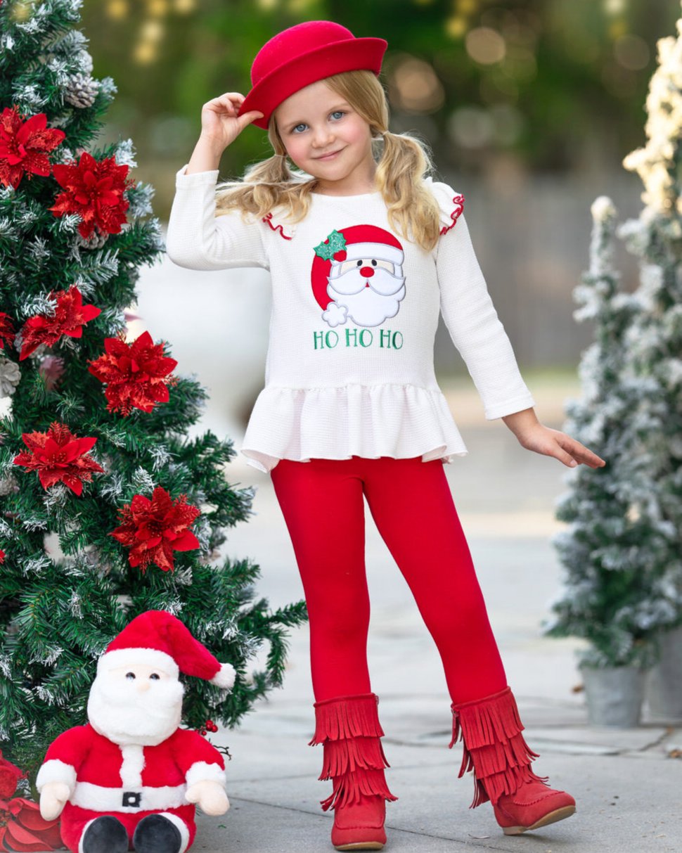 Santa Embroidered Ruffle Top and Legging Christmas Set Mia Belle Girls