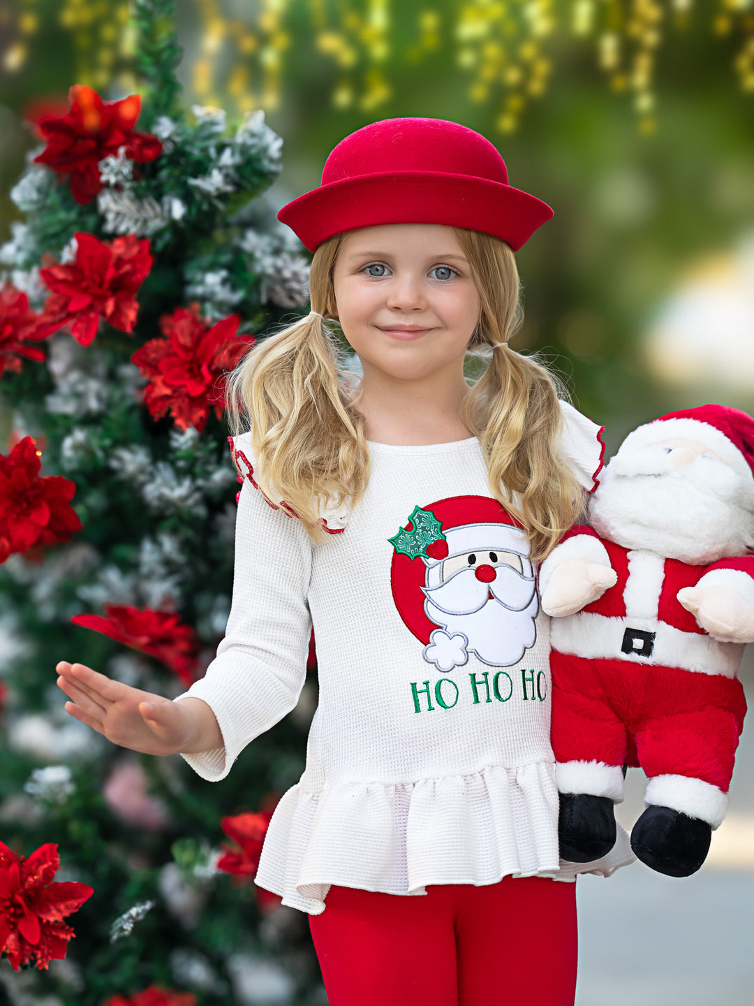 Santa Embroidered Ruffle Top and Legging Christmas Set Mia Belle Girls