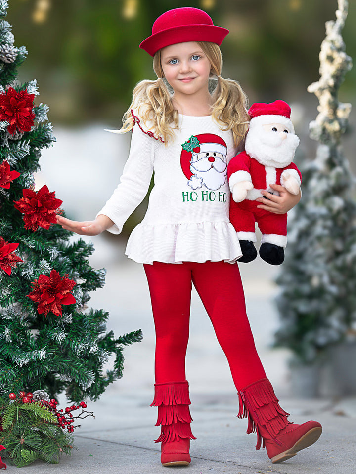 Santa Embroidered Ruffle Top and Legging Christmas Set Mia Belle Girls