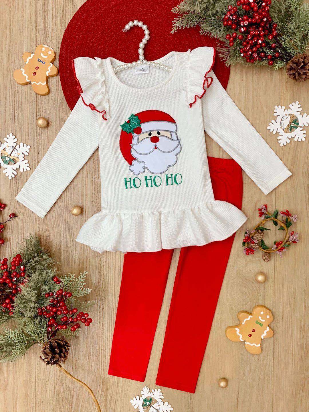 Santa Embroidered Ruffle Top and Legging Christmas Set Mia Belle Girls