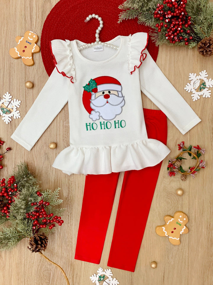 Santa Embroidered Ruffle Top and Legging Christmas Set Mia Belle Girls