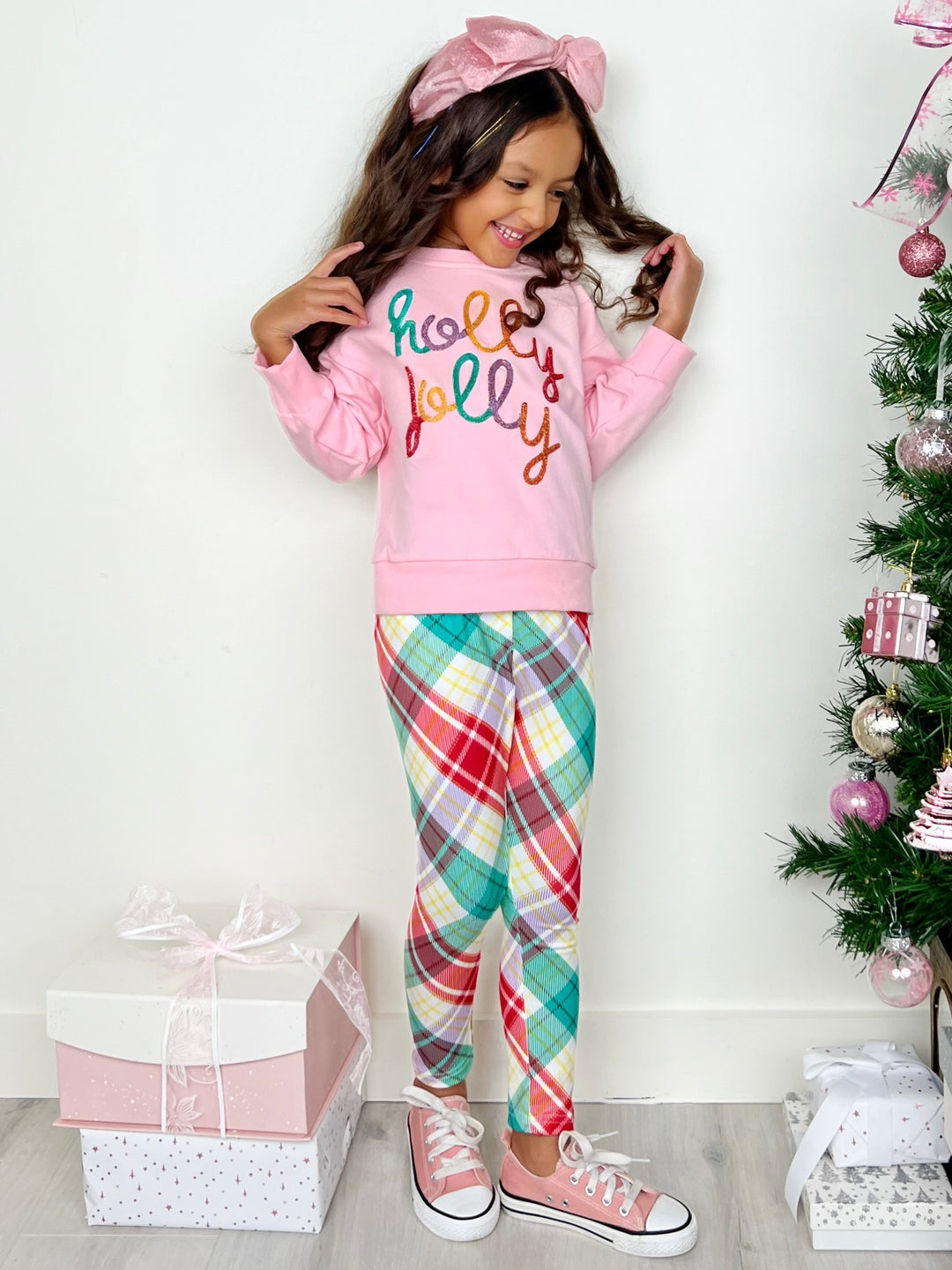 Holly Jolly Pink Sweatershirt and Christmas Plaid Legging Set Mia Belle Girls