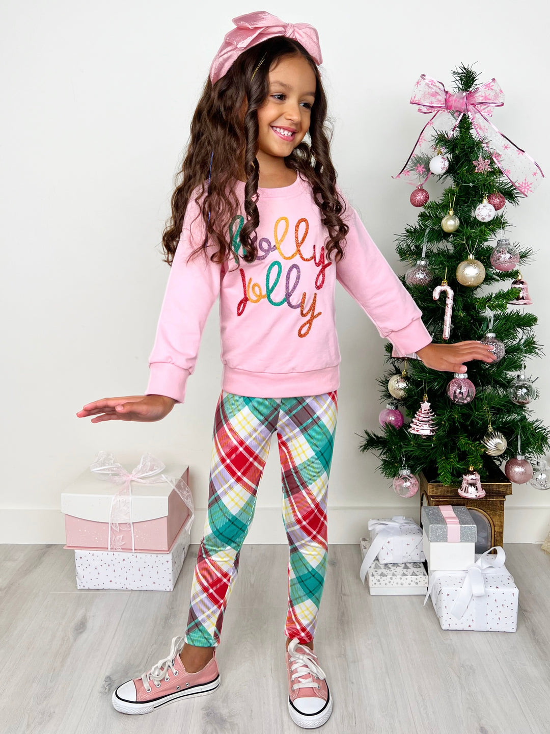 Holly Jolly Pink Sweatershirt and Christmas Plaid Legging Set Mia Belle Girls