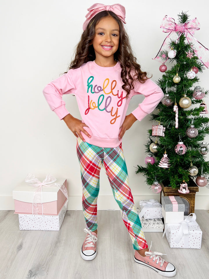 Holly Jolly Pink Sweatershirt and Christmas Plaid Legging Set Mia Belle Girls