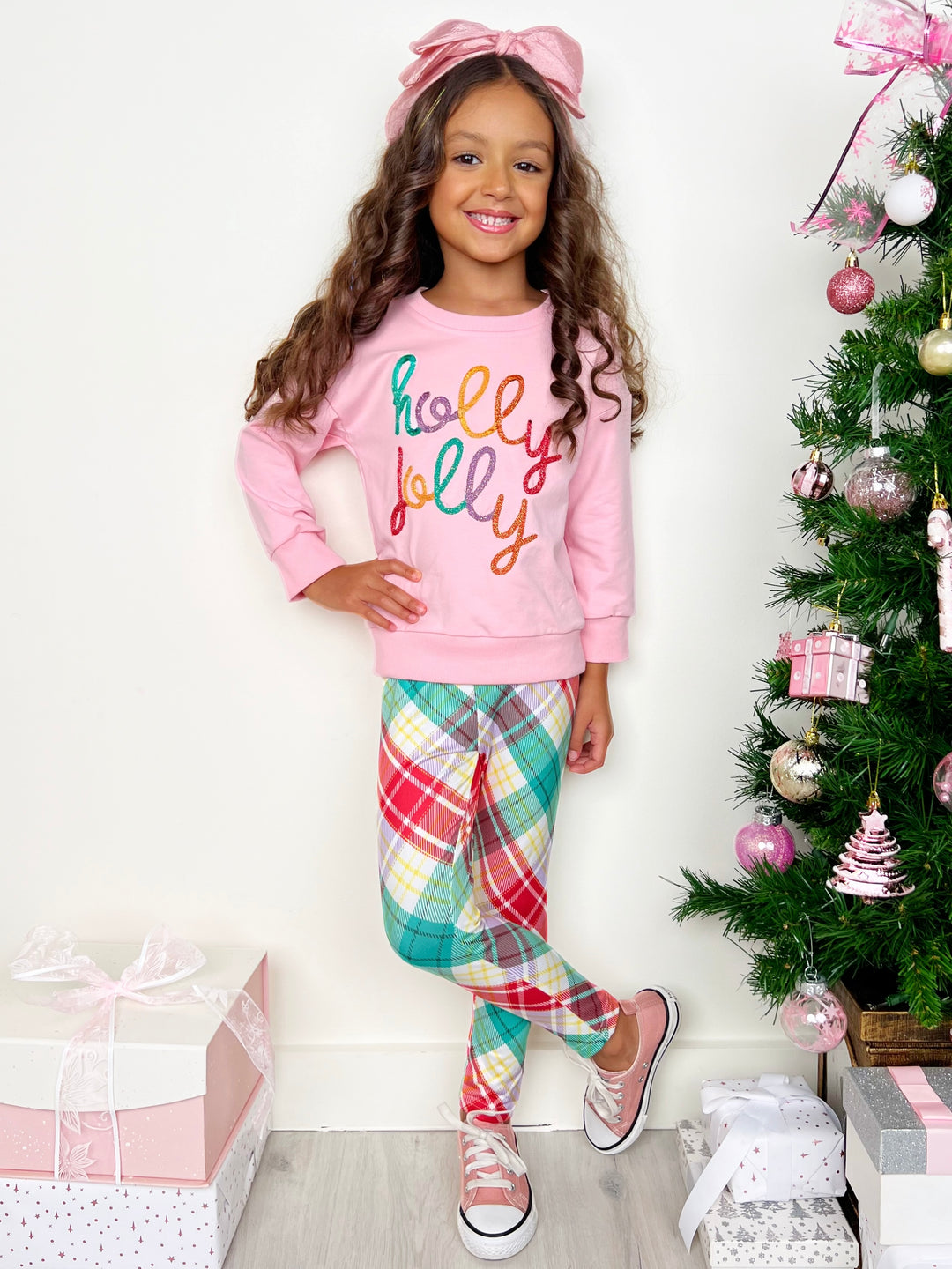 Holly Jolly Pink Sweatershirt and Christmas Plaid Legging Set Mia Belle Girls