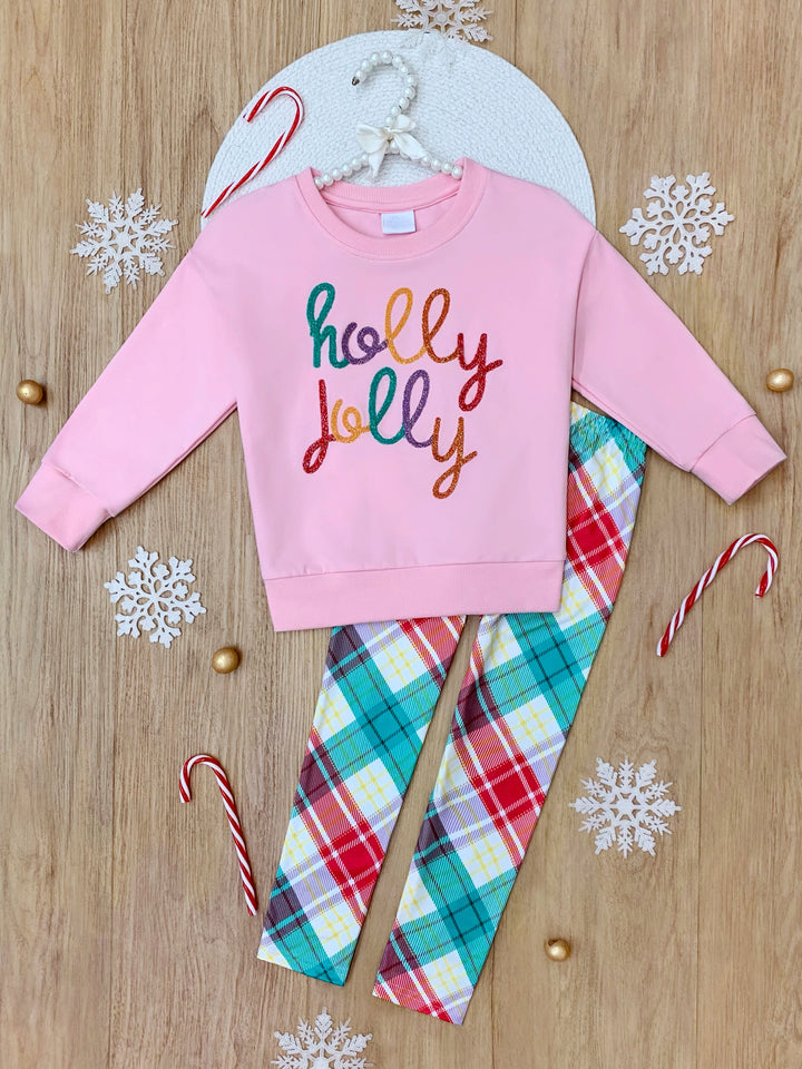 Holly Jolly Pink Sweatershirt and Christmas Plaid Legging Set Mia Belle Girls