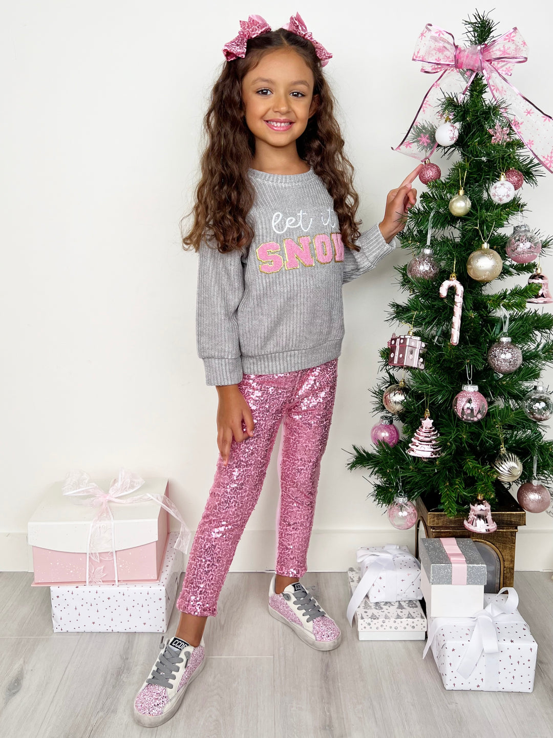Let It Snow Sweater and Pink Dazzling Sequin Legging Set Mia Belle Girls