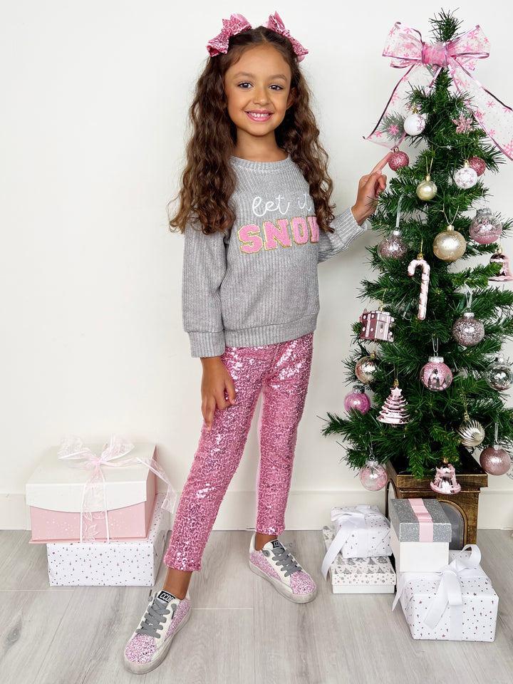 Let It Snow Sweater and Pink Dazzling Sequin Legging Set Mia Belle Girls