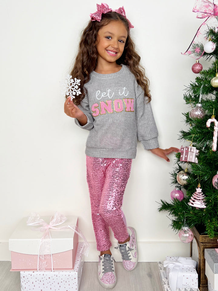 Let It Snow Sweater and Pink Dazzling Sequin Legging Set Mia Belle Girls
