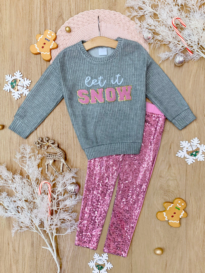 Let It Snow Sweater and Pink Dazzling Sequin Legging Set Mia Belle Girls