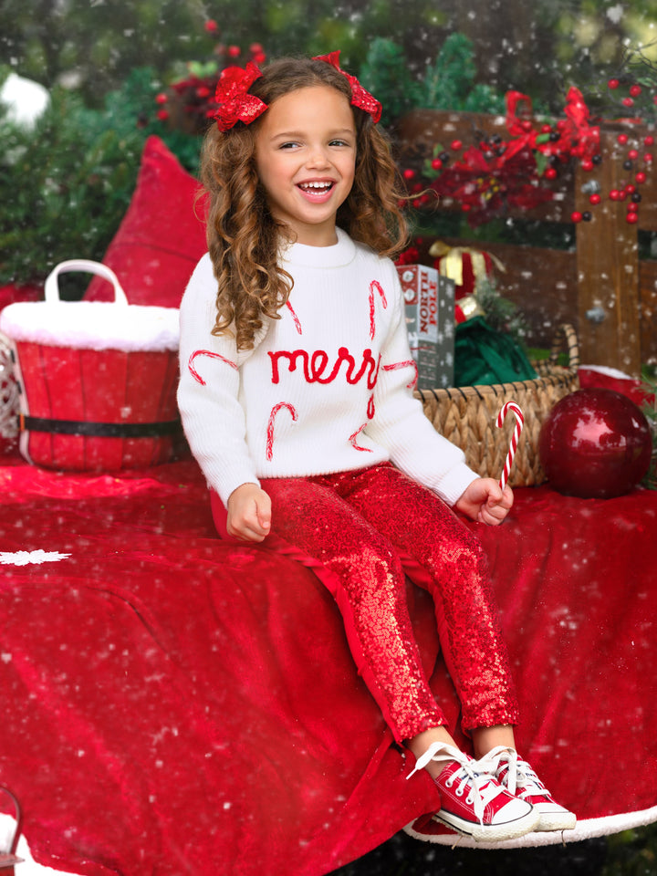 Merry Knit Sweater and Red Dazzling Sequin Pant Set Mia Belle Girls