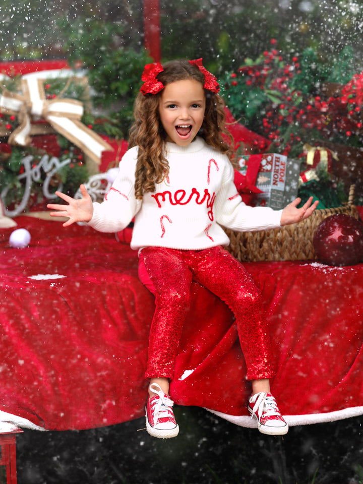 Merry Knit Sweater and Red Dazzling Sequin Pant Set Mia Belle Girls