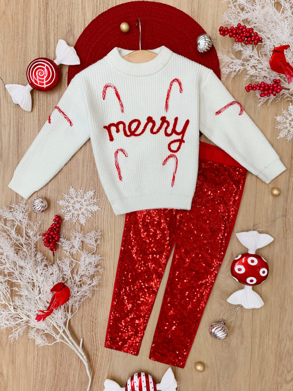 Merry Knit Sweater and Red Dazzling Sequin Pant Set Mia Belle Girls
