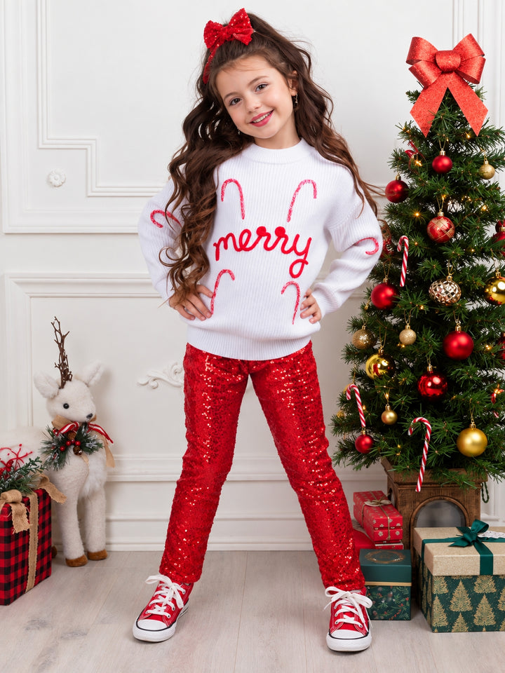 Merry Knit Sweater and Red Dazzling Sequin Pant Set