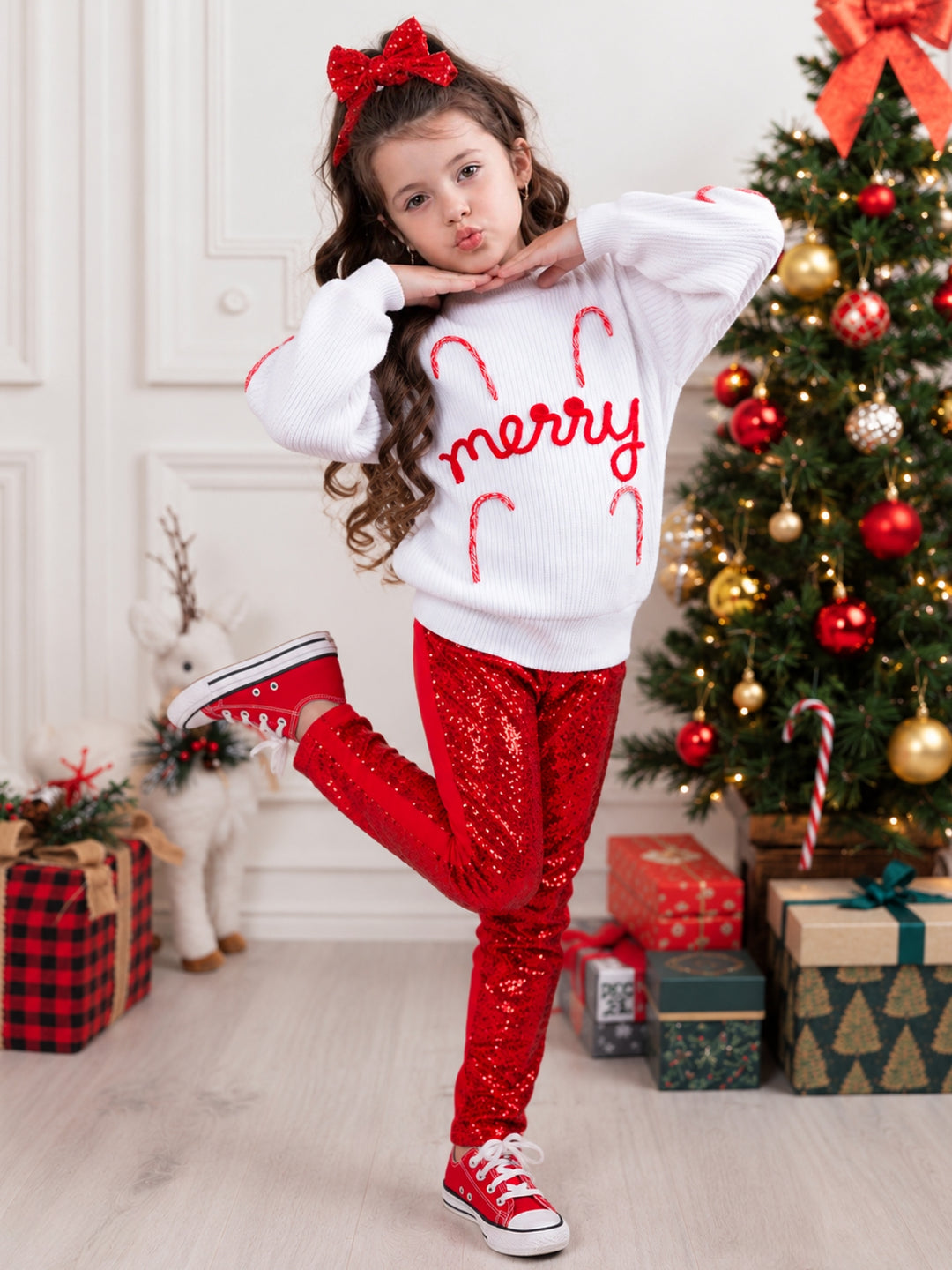 Merry Knit Sweater and Red Dazzling Sequin Pant Set