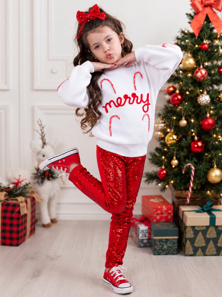 Merry Knit Sweater and Red Dazzling Sequin Pant Set
