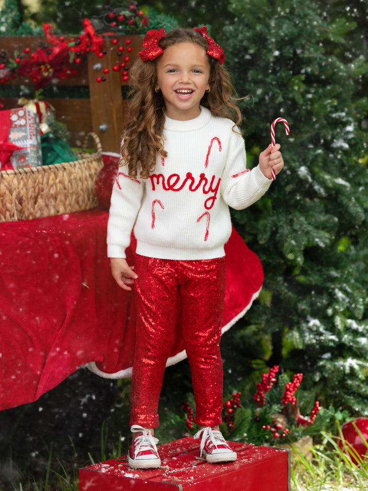 Merry Knit Sweater and Red Dazzling Sequin Pant Set Mia Belle Girls