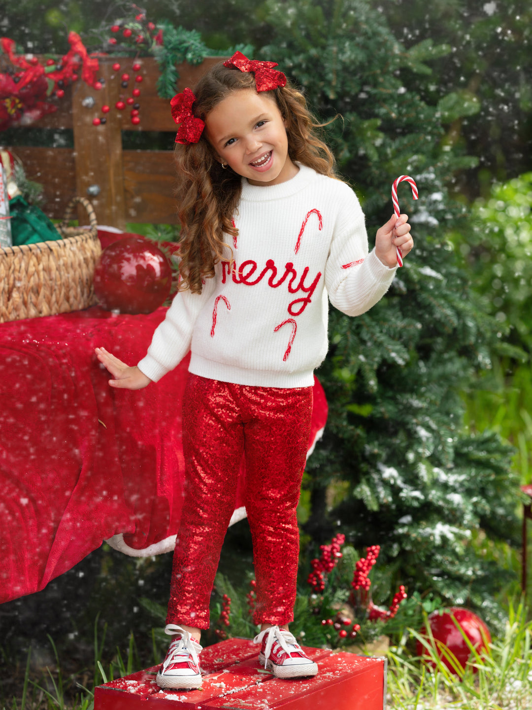 Merry Knit Sweater and Red Dazzling Sequin Pant Set Mia Belle Girls