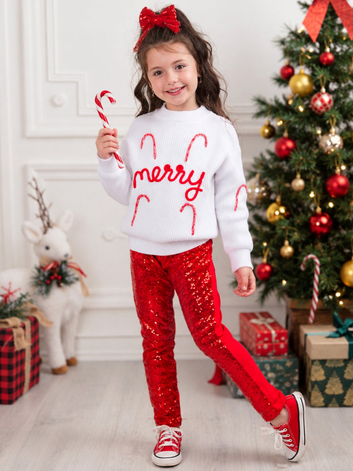 Merry Knit Sweater and Red Dazzling Sequin Pant Set