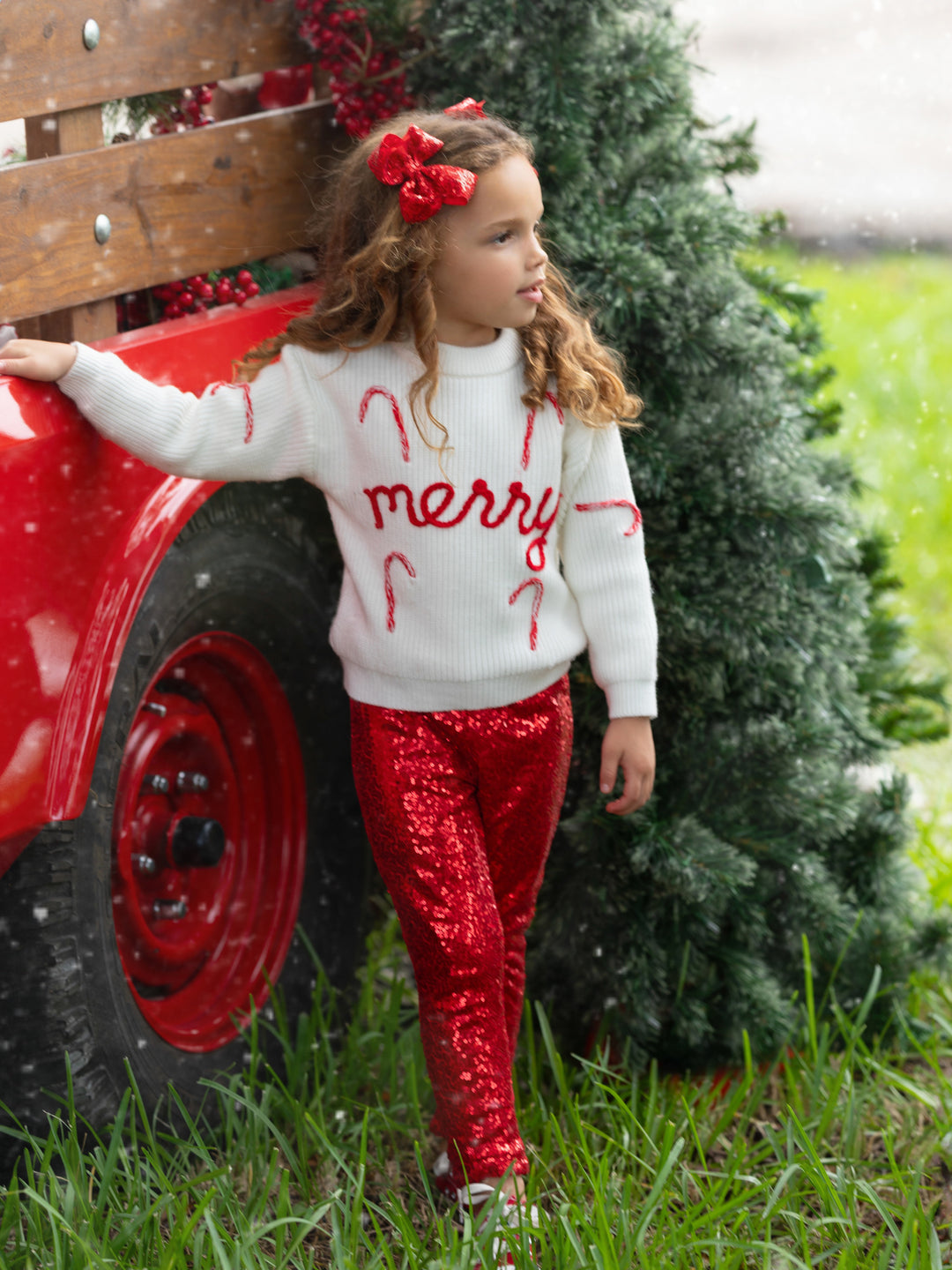 Merry Knit Sweater and Red Dazzling Sequin Pant Set Mia Belle Girls