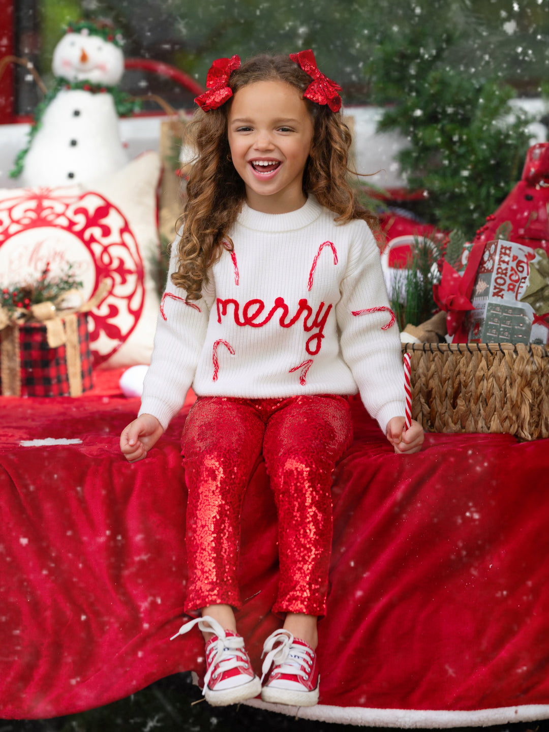 Merry Knit Sweater and Red Dazzling Sequin Pant Set Mia Belle Girls