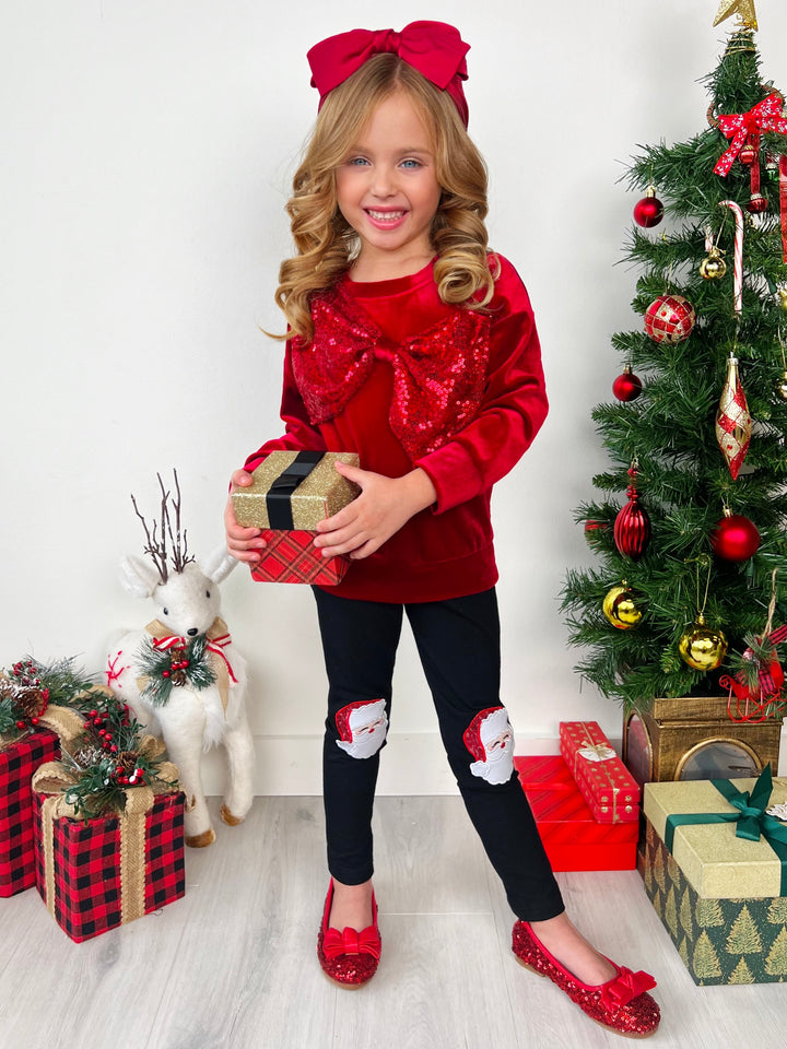 Velvet Sparkle Bow Sweater and Santa Legging Set Mia Belle Girls