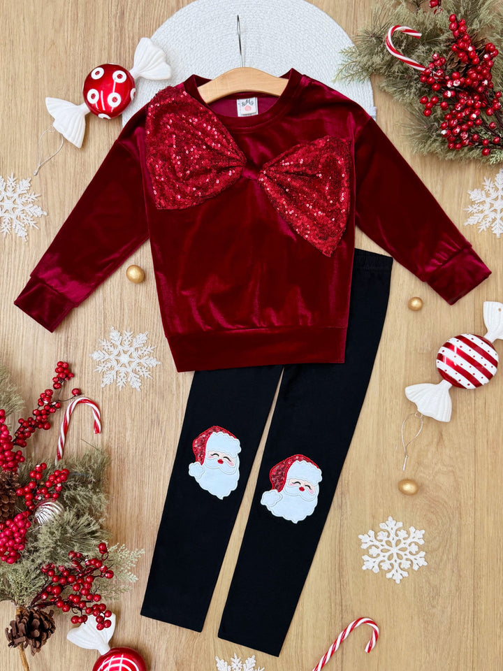 Velvet Sparkle Bow Sweater and Santa Legging Set Mia Belle Girls