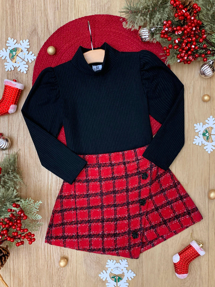 Black Turtleneck Top and Red Tweed Skort Set Mia Belle Girls