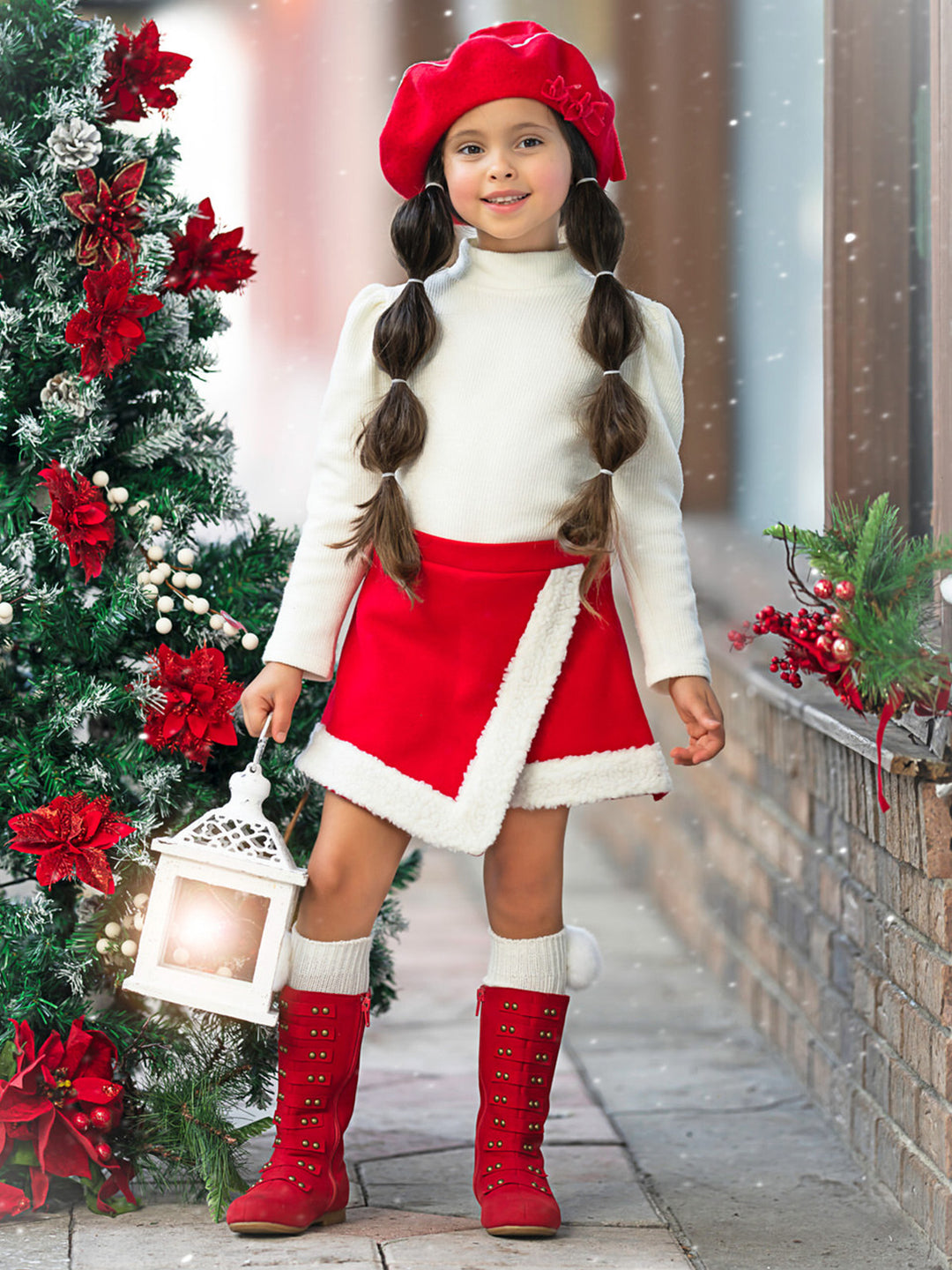 Ivory Turtleneck Top and Red Fur Trimmed Skort Set Mia Belle Girls